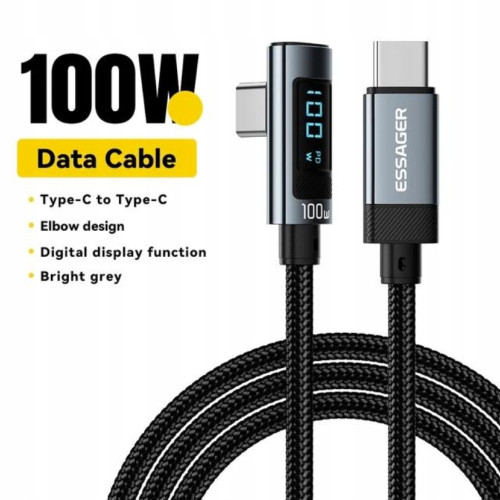 Kabel Essager 100W USB typ C - USB typ C 5A wyświetlac LED 90 stopni 2m Kabel Essager 100W USB typ C - USB typ C 5A wyświetlac LED 90 stopni 2m